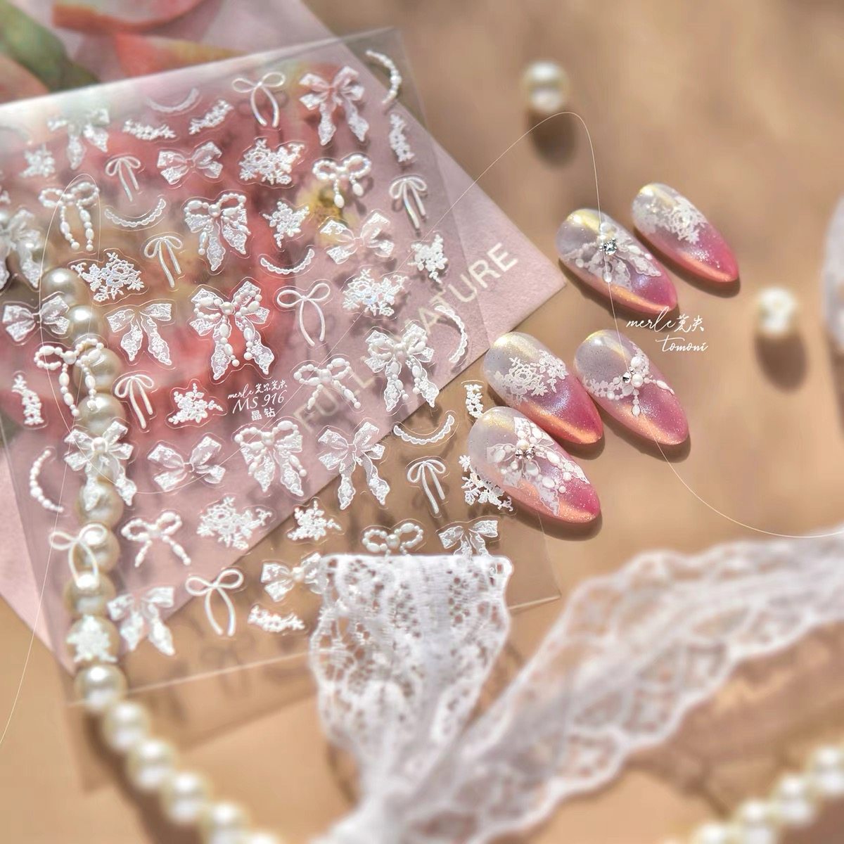 晶钻蕾丝蝴蝶结美甲贴纸百搭珍珠飘带蝴蝶结背胶防水指甲贴装饰品