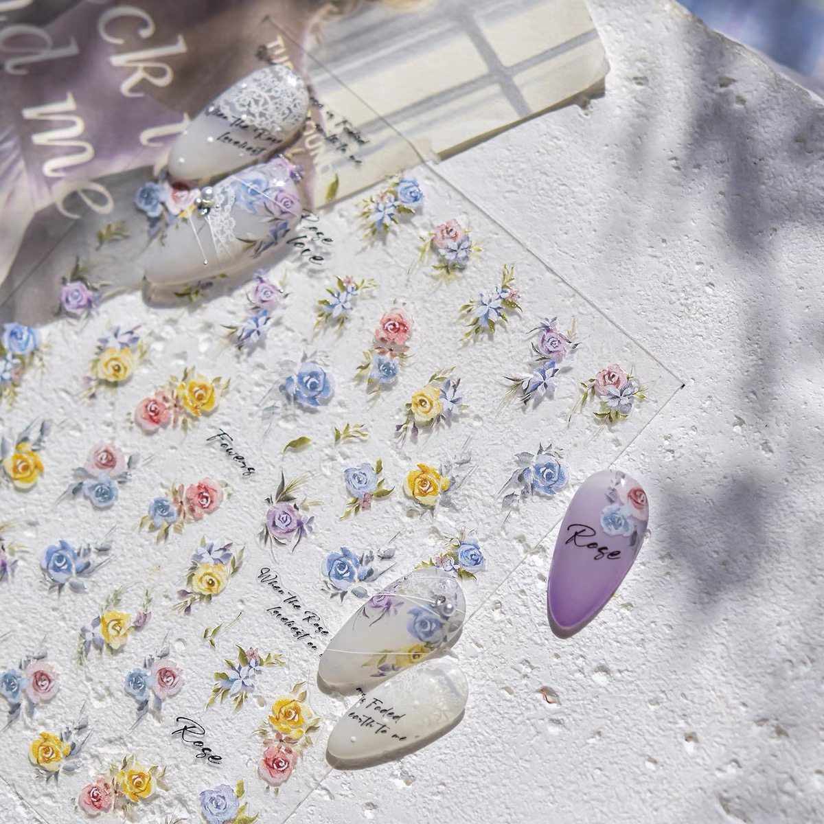 春夏水彩玫瑰美甲贴纸浮雕立体彩色花卉新款背胶防水指甲贴装饰品