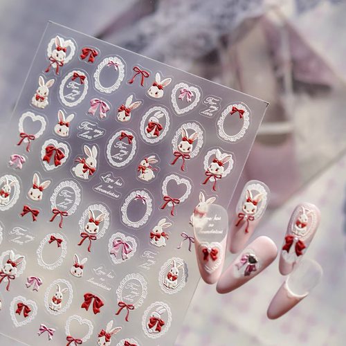 可爱红色蝴蝶结小兔子美甲贴纸