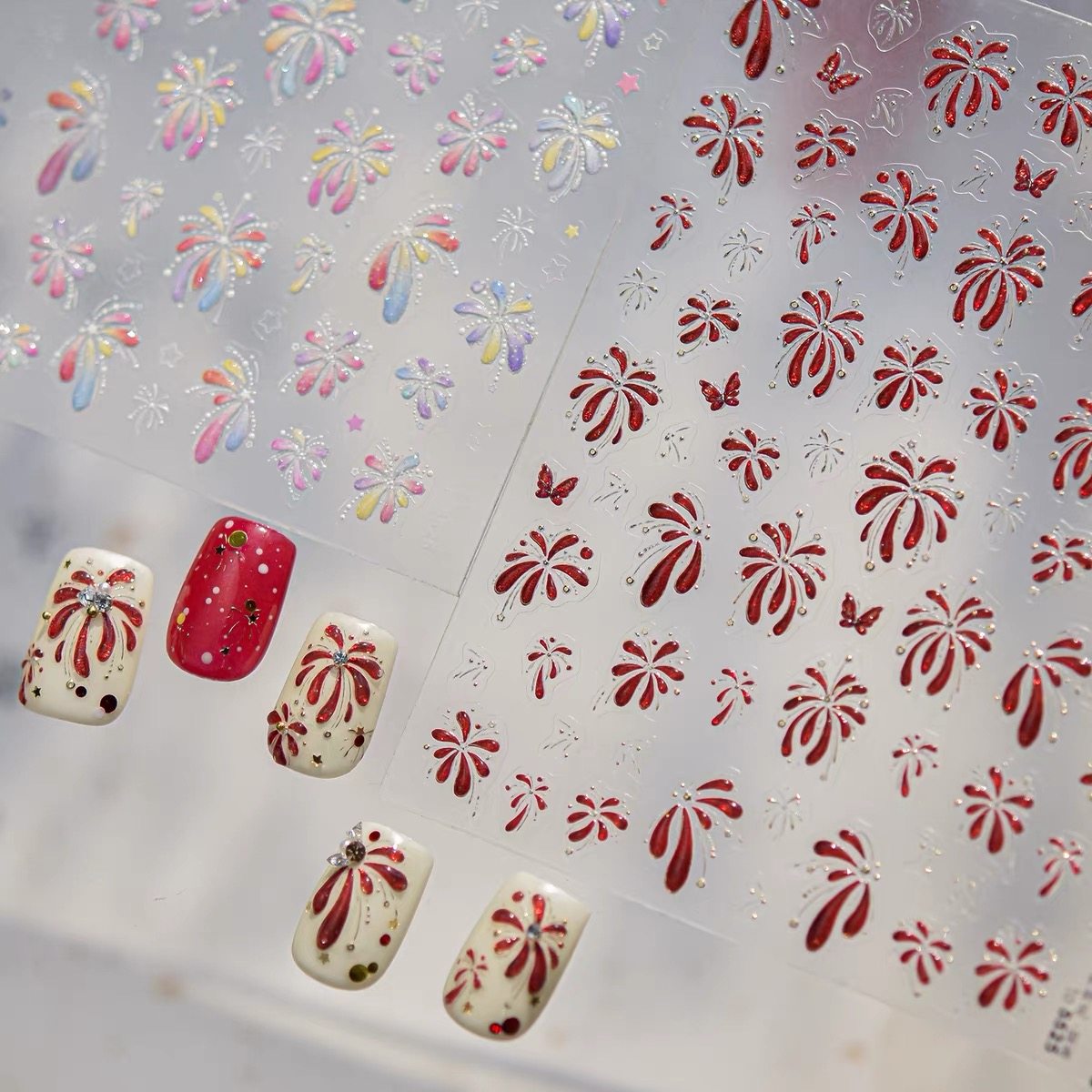 新年喜庆红色烟花美甲贴纸粉色炫彩浪漫烟花背胶防水指甲贴装饰品,彩妆/香水/美妆工具,美甲工具,淘宝优惠券,粉丝福利购,淘宝优惠卷