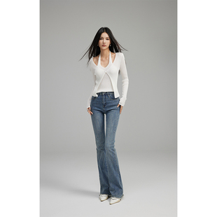 GVCJ高个子女装加长浅蓝色微喇牛仔裤新款高腰显瘦设计感修身长裤