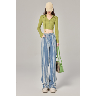 CM175 高个子春夏扎染条纹开衩牛仔拖地长裤直筒女高腰显瘦加长裤