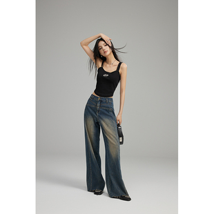 GVCJ高个子加长裤子复古深色毛边高腰阔腿牛仔裤新款松弛感拖地裤