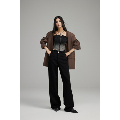 GVCJ高个子加长裤子黑色毛边高腰阔腿牛仔裤新款慵懒松弛感拖地裤