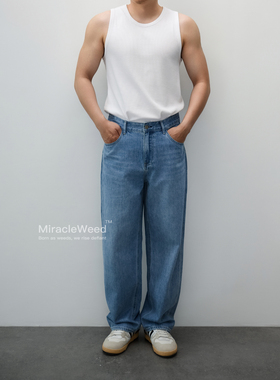 miracleweed 100%纯棉水洗蓝轻盈质地蓬松做旧百搭宽松直筒牛仔裤