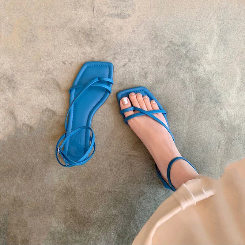 韩版蓝色罗马绑带平底凉鞋女夏