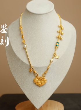 新款热卖鉴刻锦鲤如意锁铃兰花花朵吊坠古法沙金配件项链毛衣链女