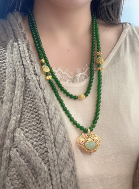 春秋季新款天然绿珠套链可拆卸毛衣链项链沙如意吊坠双链
