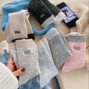 秋冬季 egg字母羊毛袜子女拼色中筒袜加绒加厚保暖羊毛袜复古堆堆