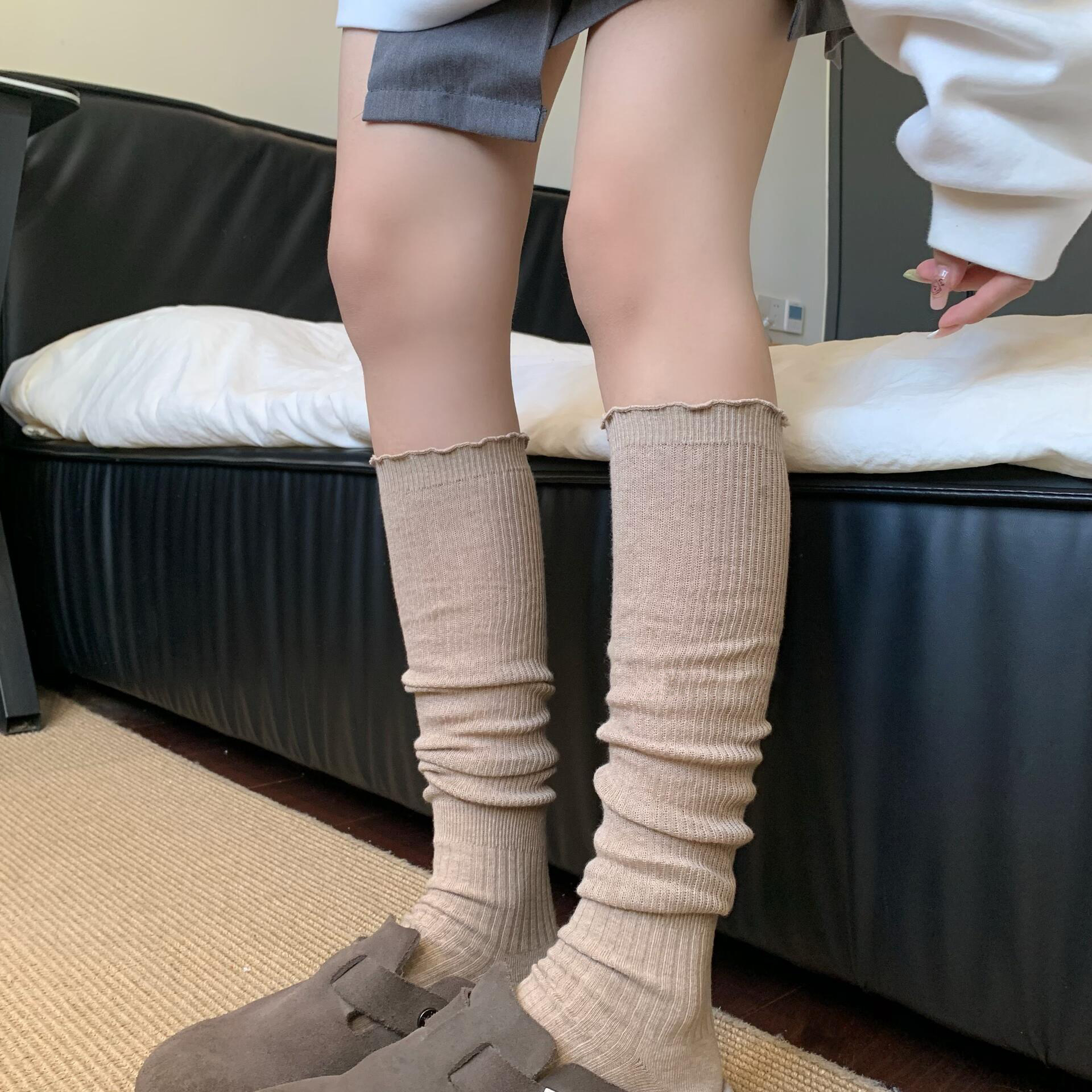 秋季韩系长筒堆堆袜芭蕾风Bella风慵懒纯色木耳边小腿袜及膝显瘦