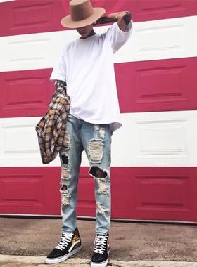 SuaMoment SUA破洞牛仔九分裤牛仔裤长裤猫须男女同款百搭潮流