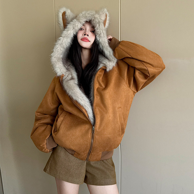冬季新款连帽猫耳朵麓皮绒宽松大码200斤上衣女薄款棉服棉服外套