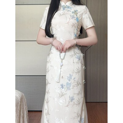 国风改良旗袍新中式少女夏季日常印花连衣裙2026清冷感礼服订婚