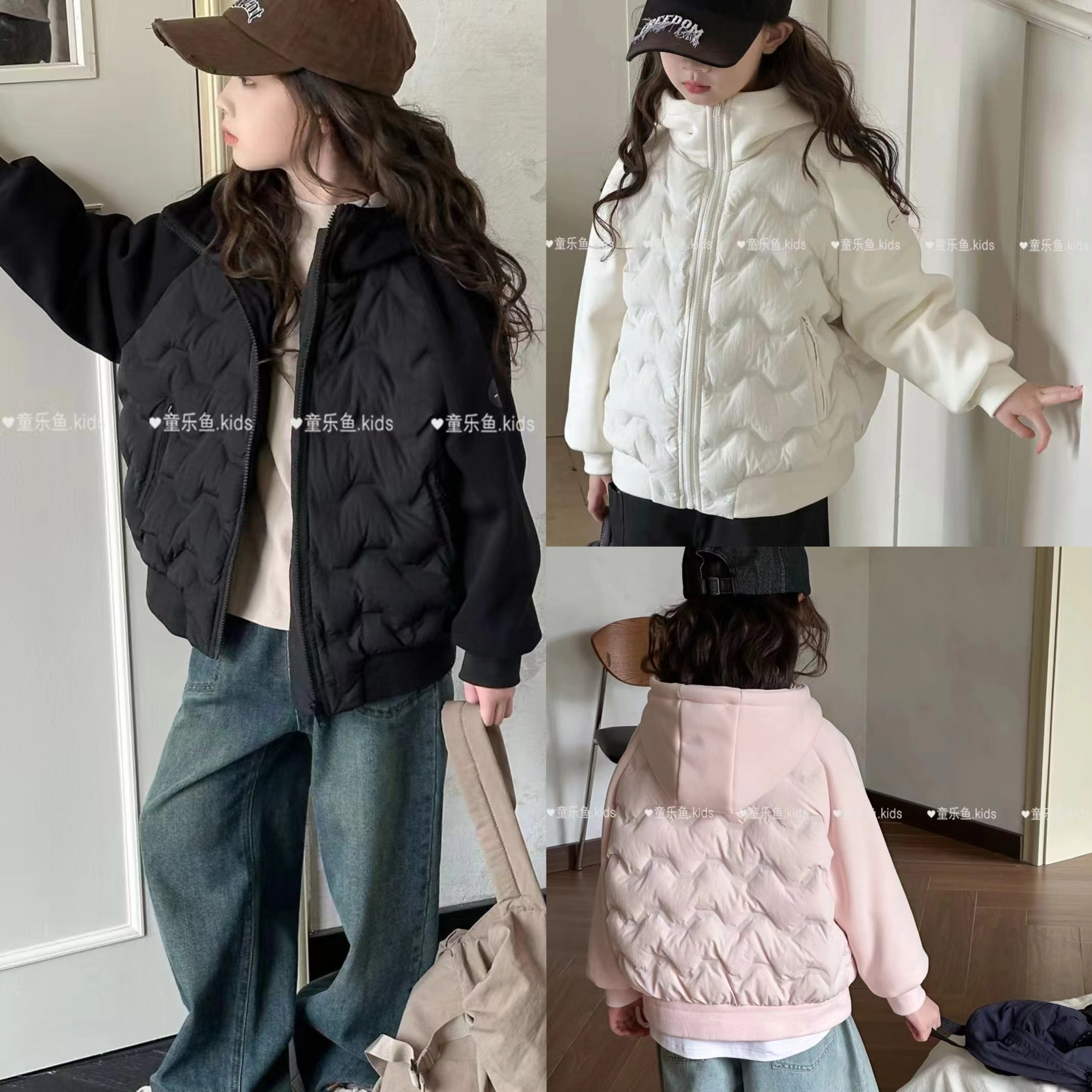 童乐鱼羽绒服2024冬款女童短款拼接白鸭绒连帽保暖外套洋气3932