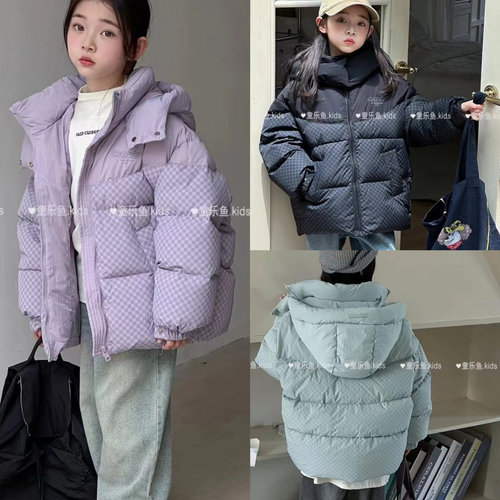 童乐鱼2024冬新款男女中大童90白鸭绒小格纹羽绒服连帽外套2001