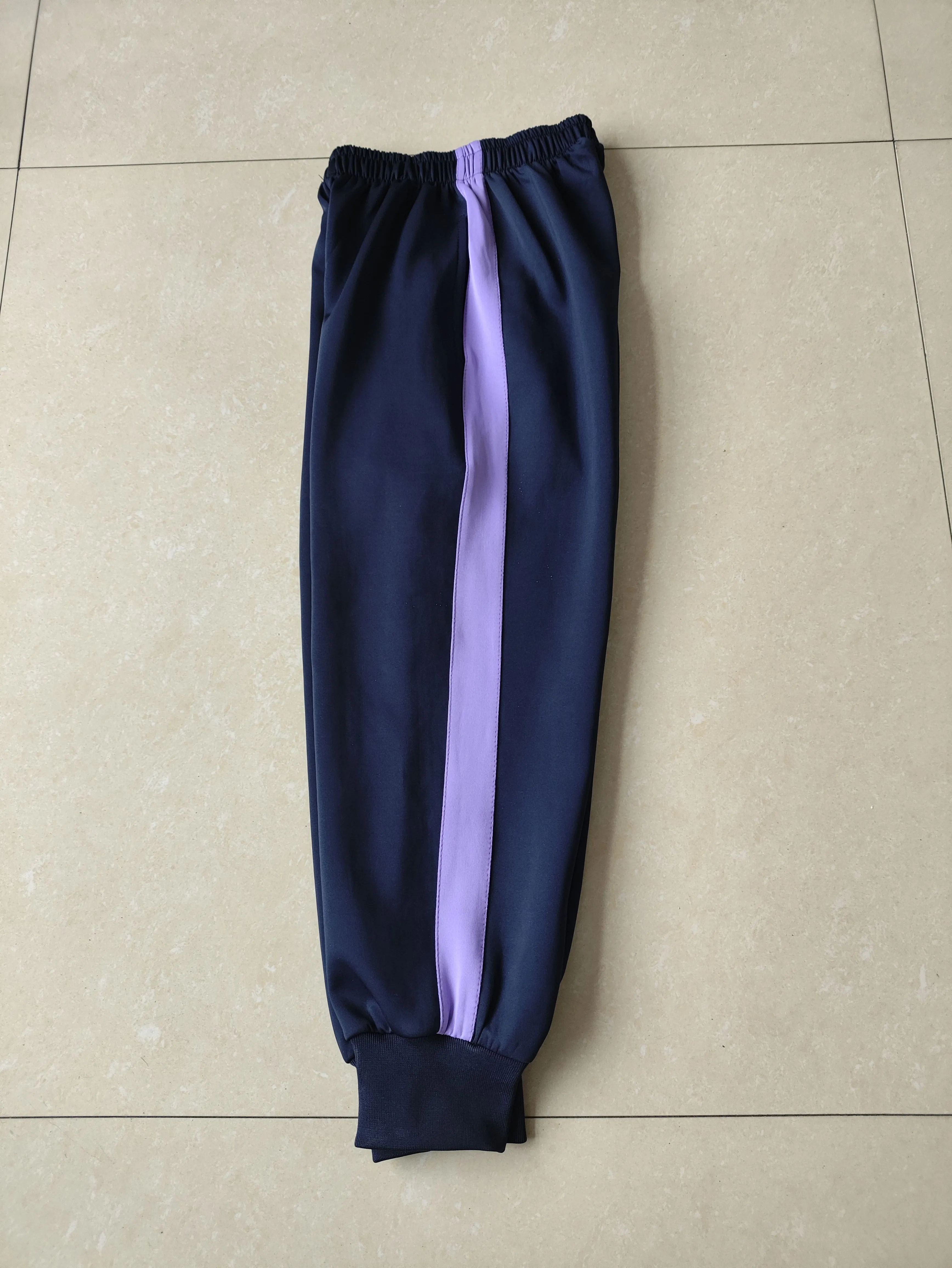 春夏秋冬新款中小学生男女校服裤镶浅紫色宽杠运动休闲束腿长裤