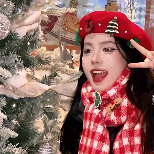 日系新年氛围圣诞甜美红色贝雷帽