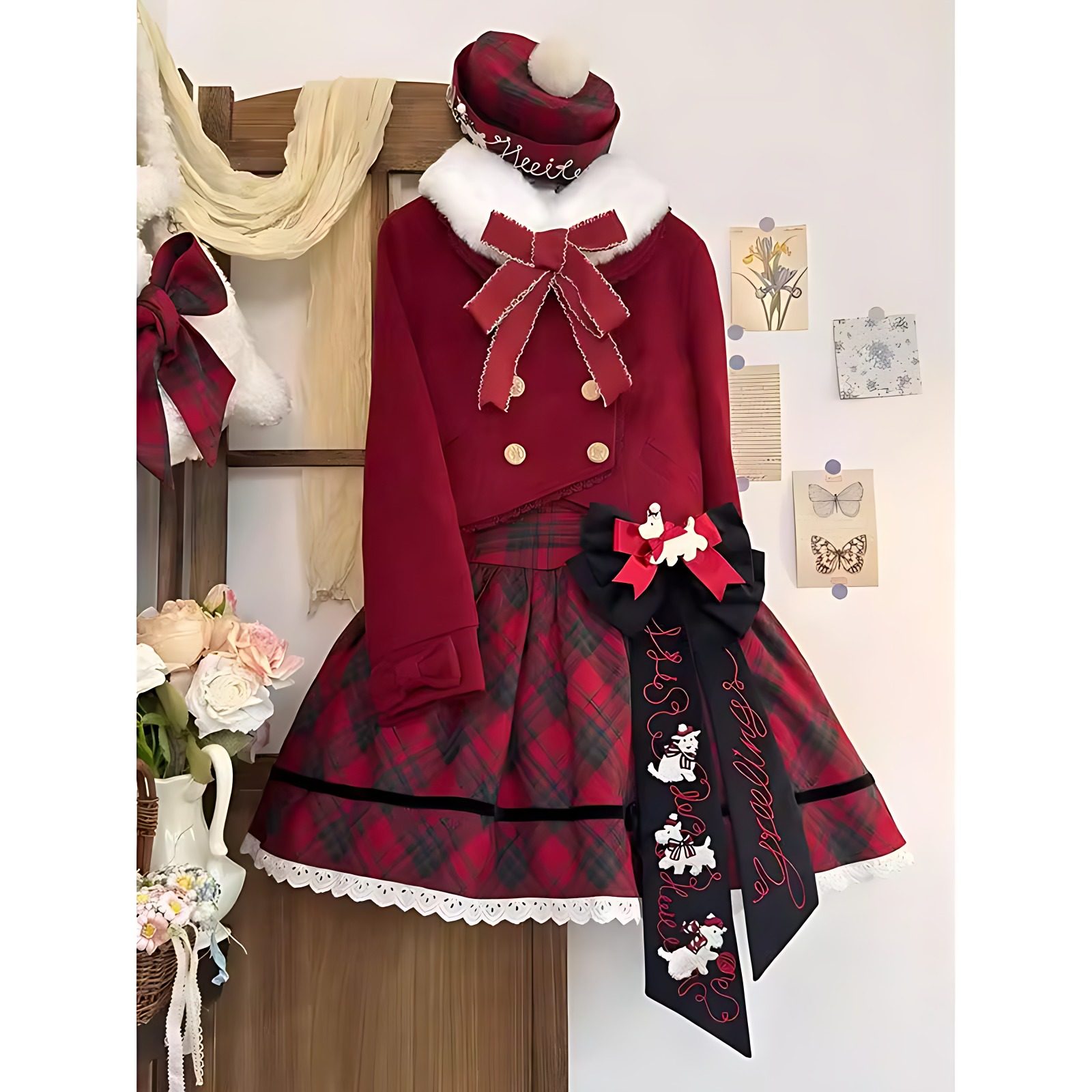 圣诞毛呢jk酒红连衣裙套装