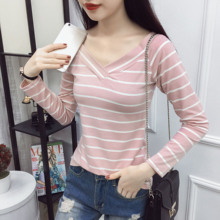 纯棉百搭修身 T恤女装 上衣打底衫 韩版 2019秋冬季 新款 V领横条纹长袖
