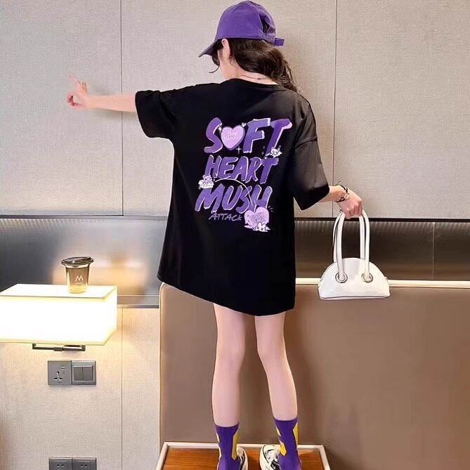女童纯棉短袖大版夏季2025新款中大童宽松韩版中长款t恤裙洋气潮t