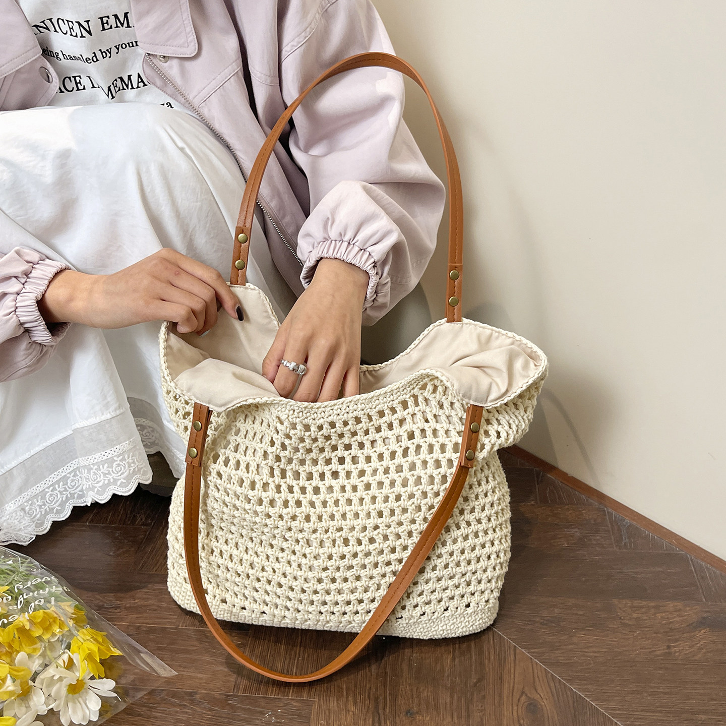 大容量编织托特包女2025新款韩版度假风通勤沙滩单肩包百搭腋下包,箱包皮具/热销女包/男包,通用款女包,淘宝优惠券,粉丝福利购,淘宝优惠卷