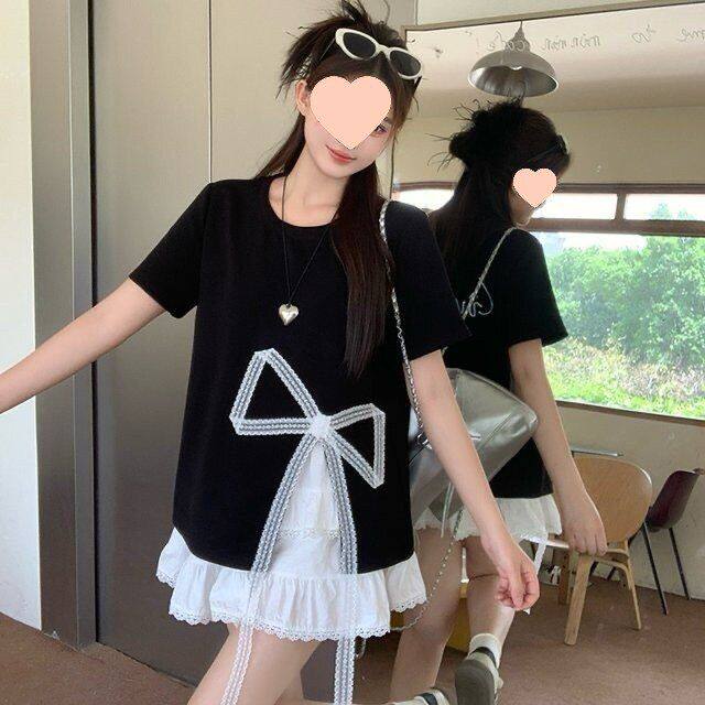 大码女装夏季新款胖新款花边蛋糕裙+蝴蝶结宽松恤洋气减龄套装