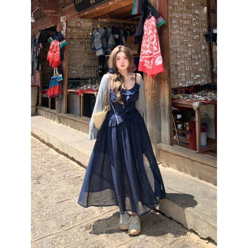 大码胖mm碎花波点小清新连衣裙女修身显瘦夏季防晒针织开衫两件套