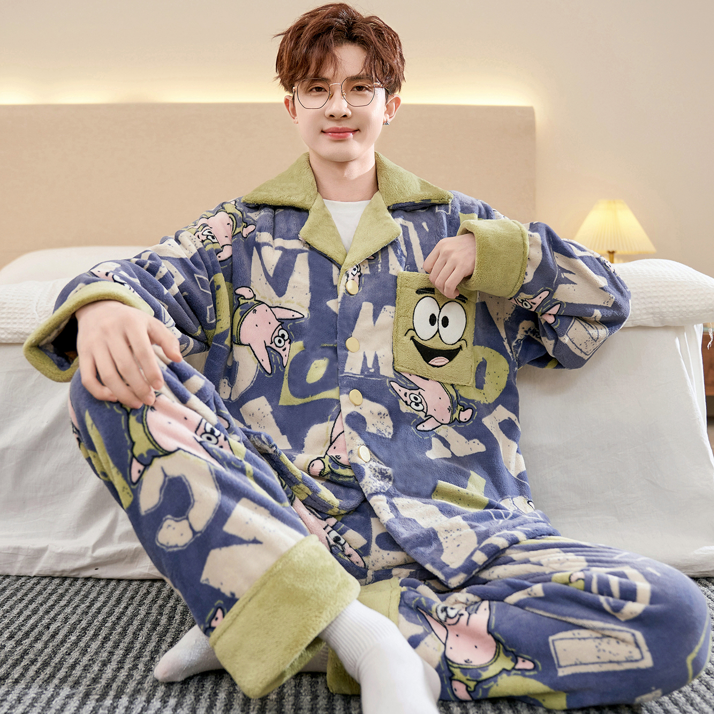 冬季加绒加厚男法兰绒家居服套装