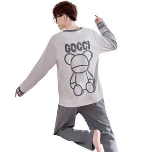 睡衣男春秋季纯棉长袖青少年家居服男士夏天薄款大码休闲学生套装