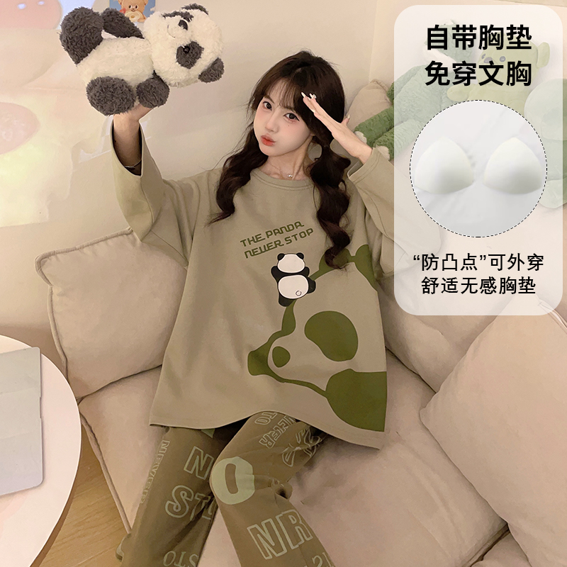 带胸垫睡衣女长袖纯棉秋季加大码