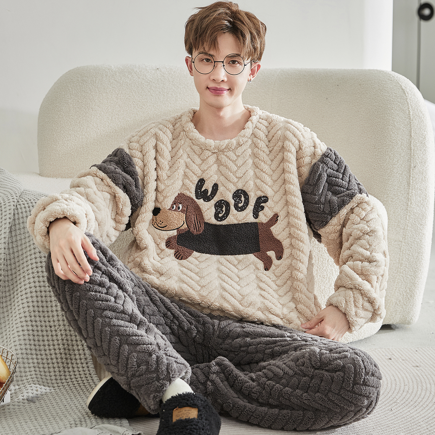 珊瑚绒睡衣男士冬季加绒加厚