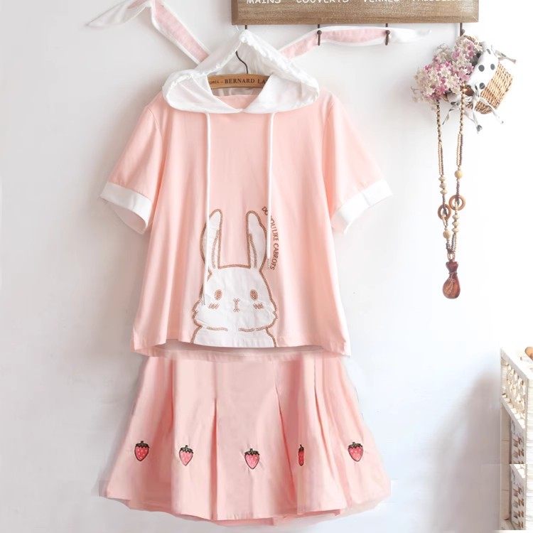 可爱软妹萌兔拼接短袖夏季帽衫13 14岁初中生学生连帽T恤裙子套装,女装/女士精品,T恤,淘宝优惠券,粉丝福利购,淘宝优惠卷