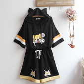 情侣装 柴犬贴布耳朵连帽宽松T恤短裤 夏季 可爱日系男女同款 套装