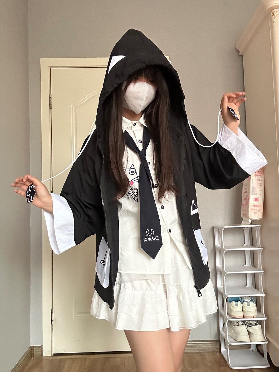 爆二次元男女同款可爱抽象狐狸超薄开衫外套fox连帽七分袖防晒衣