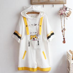 开心猫口袋宽松背带裤 可爱男生男女情侣款 软妹中学生两件套休闲裤