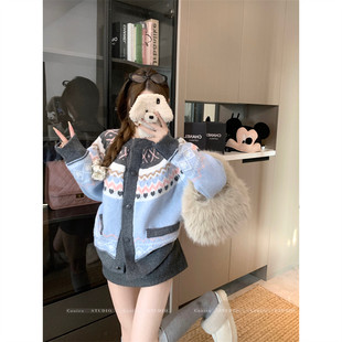蓝色巨好看的两件套女冬装蓝色费尔岛针织毛衣外套辣妹包臀短裙