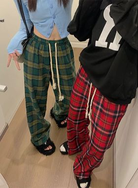 EC复古英伦小个子红色格子休闲裤女秋季美式直筒运动居家阔腿裤子