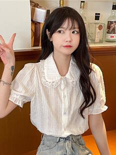 可爱大翻领娃娃领女装春季2023年新款短袖泡泡袖花边衬衫内搭上衣
