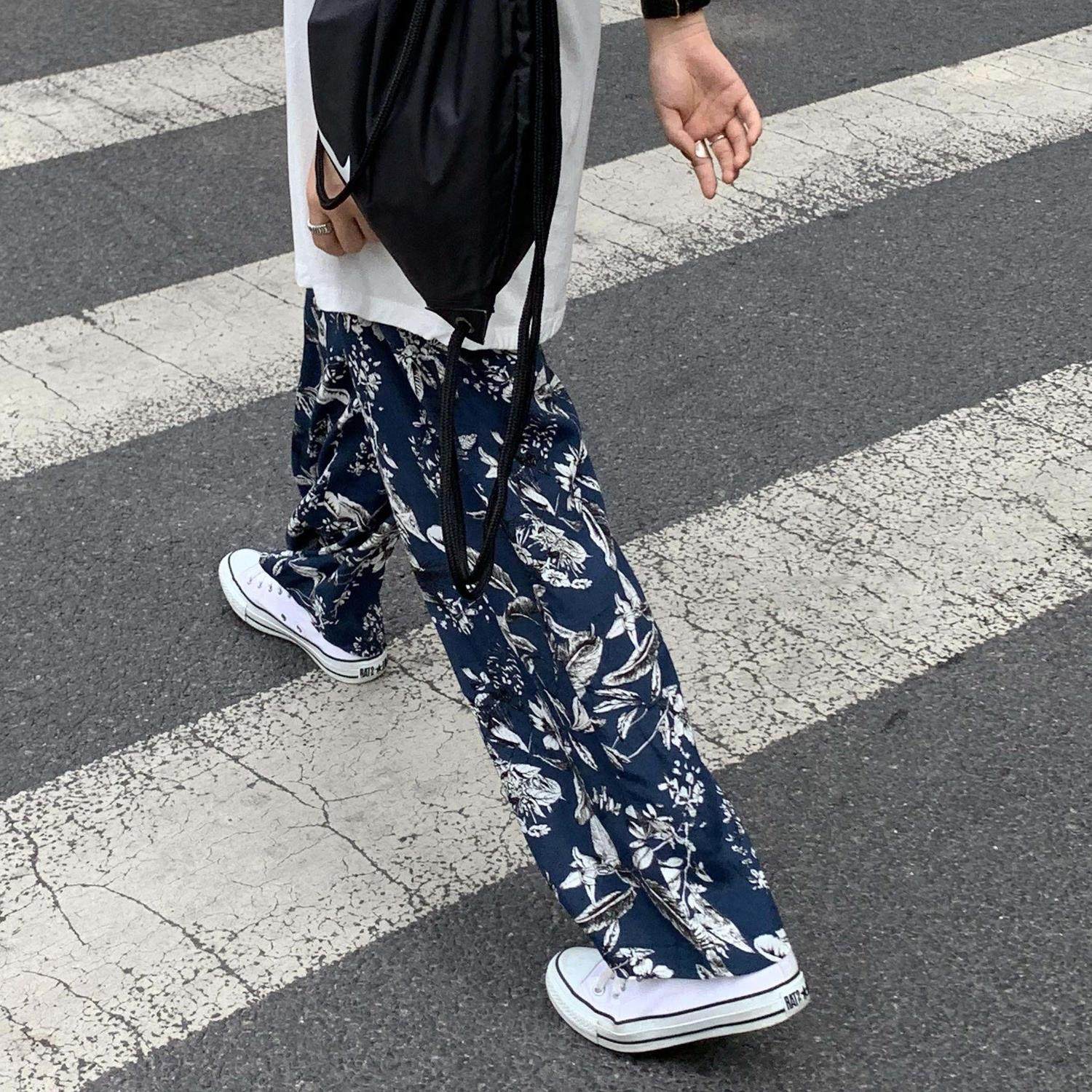 lonslan自制夏款百搭沙滩裤小复古随性深蓝碎花花休闲阔腿长裤女