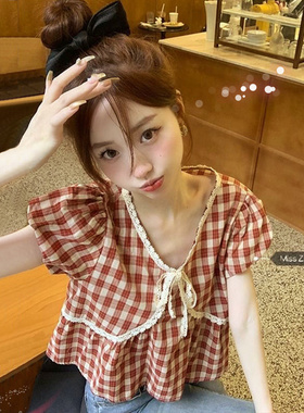 红色格子衬衫女款夏季短袖短款法式独特别致娃娃衫上衣设计感小众