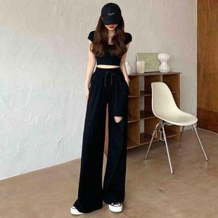 超火cec宽松显瘦直筒拖地休闲运动裤 2021年韩版 女夏季 破洞阔腿裤