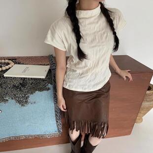 百搭上衣T恤女 修身 纯色复古显瘦半高领小飞袖 风琴褶短袖