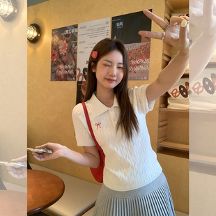 蝴蝶结刺绣短款 白色POLO领纽扣设计短袖 新款 针织衫 上衣 女2025夏季