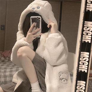 羊羔毛外套女2022新款 寬松加厚棉服保暖白色小熊連帽棉衣 秋冬短款