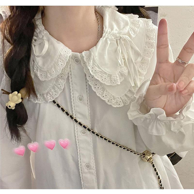 可爱花边娃娃领系带长袖衬衫