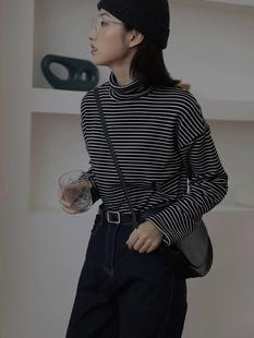 黑白条纹打底衫女春秋季半高领长袖t恤百搭炸街加绒堆堆领上衣潮