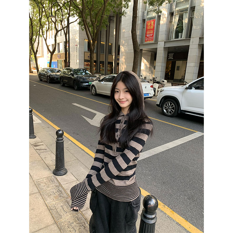 美式复古条纹连帽秋冬打底衫显瘦
