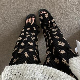 港味小熊印花开叉休闲裤薄款高腰显瘦阔腿裤女夏季新款ins潮裤子