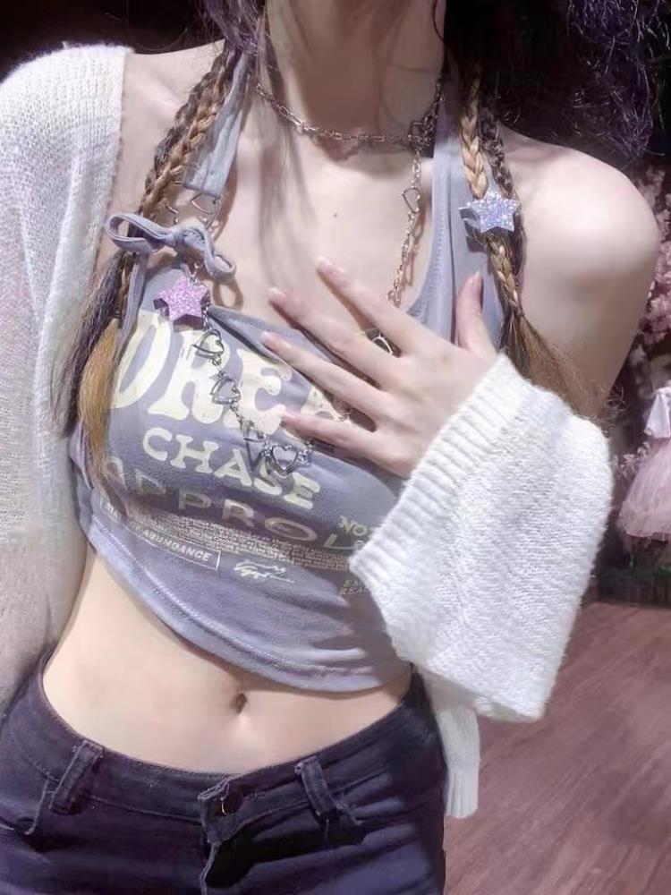 不对称印花系挂规则脖吊带背