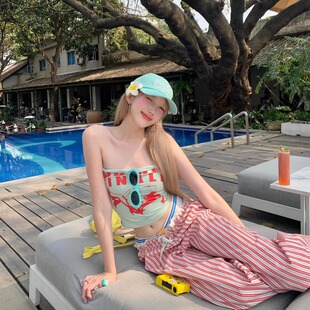 宽松显瘦高腰直筒宽裤 慵懒风条纹撞色蕾丝边腰头休闲裤 女夏新款